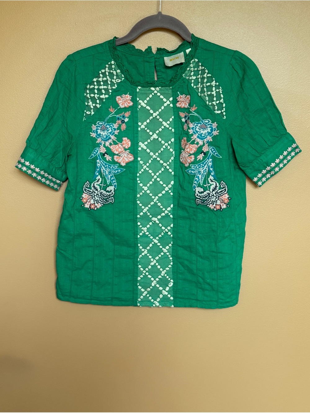 Anthropologie For Maeve Green Embroidered Floral Blouse 100% Cotton Size 4